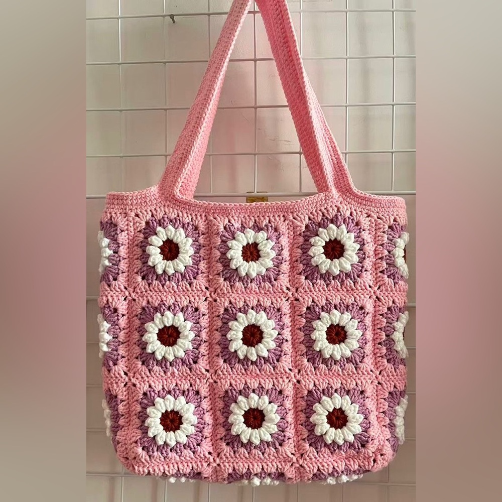Pink Crochet Floral Tote Bag